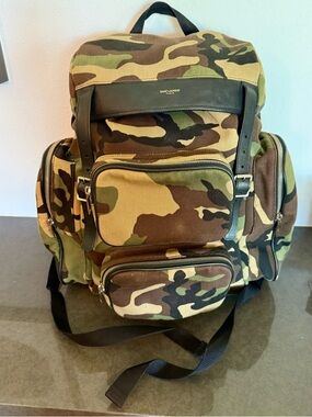 **SOLD**

Saint Laurent Paris YSL Men’s Camo Canvas Backpack Black Leather Trim